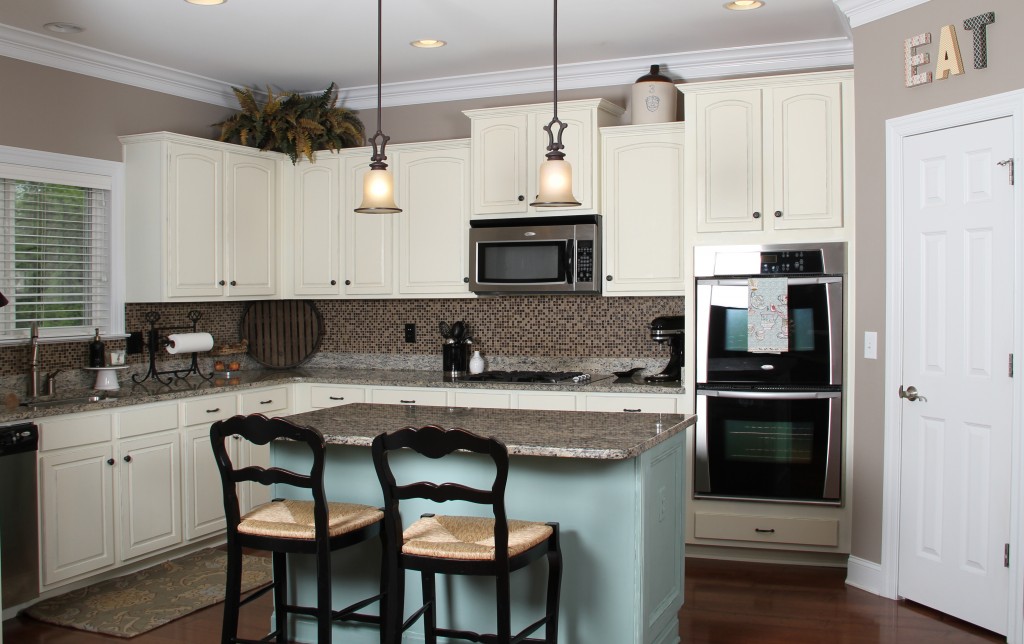 Annie Sloan Chalk Painted Kitchen Cabinets in Duck Egg Blue and Old White by Bella Tucker Decorative Finishes
