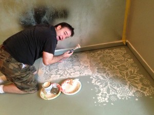 Brooks painting the Skylar's Lace Stencil in Old White