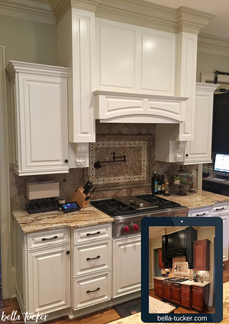 stove hood and cabinets painted same color before and after