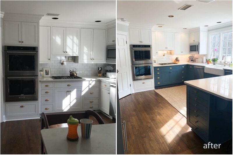 Navy and white cabinets- before and after