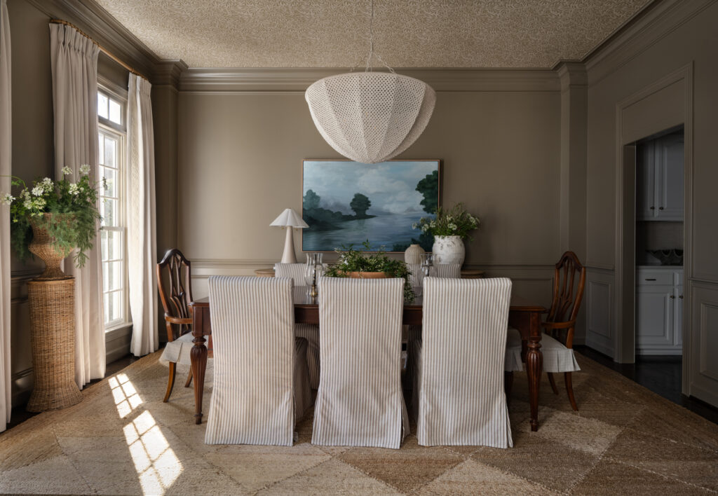 dining room wallpapered ceiling